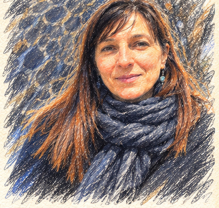 Dessin pastel de Virginie sous un arbre, en écharpe claire
