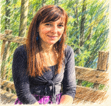 Dessin pastel de Virginie souriant sur un banc, au jardin