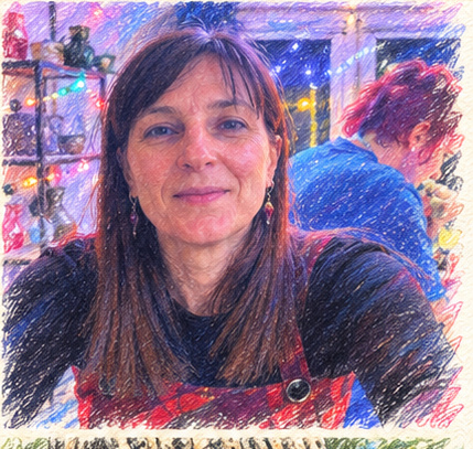 Dessin pastel de Virginie dans son atelier coloré