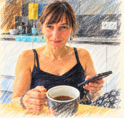 Dessin pastel de Virginie attablée avec un café et son téléphone